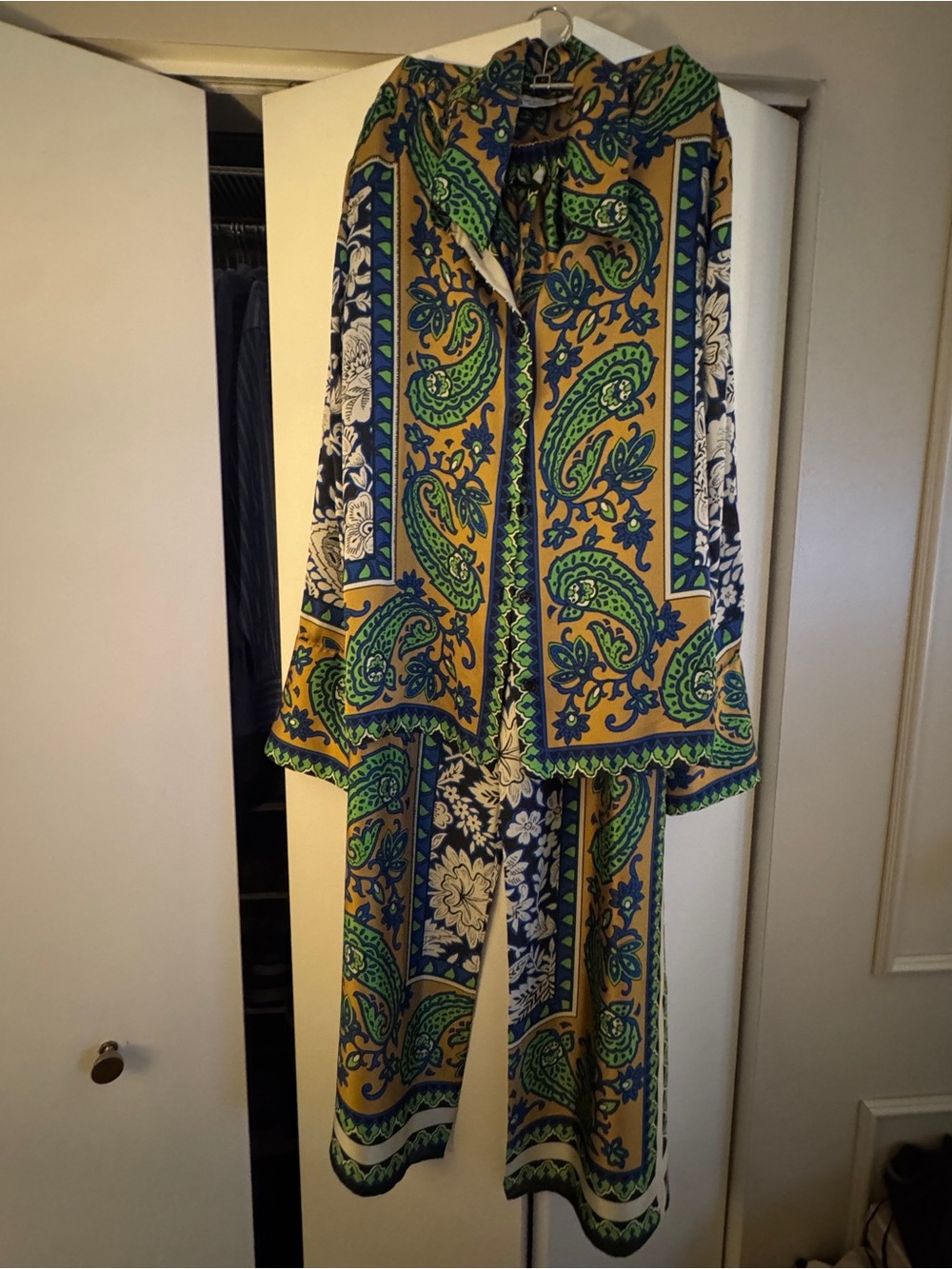 Zara Green and Mustard Paisley Wide-Leg Pants with Matching Jacket